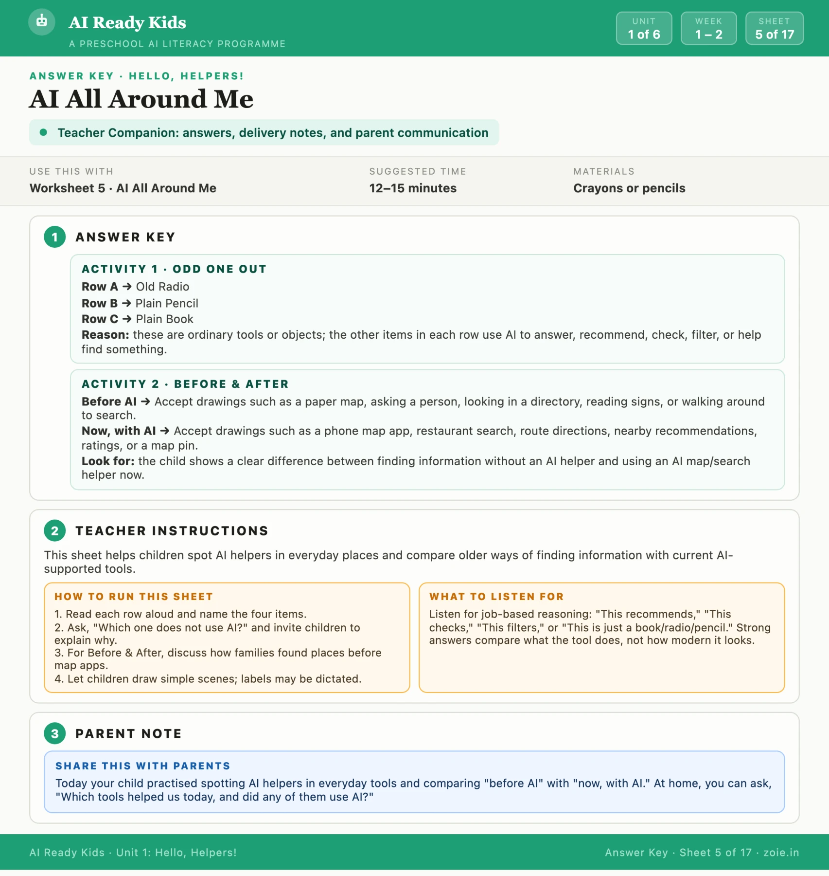 AI Ready Kids answer key and teacher guidance sample
